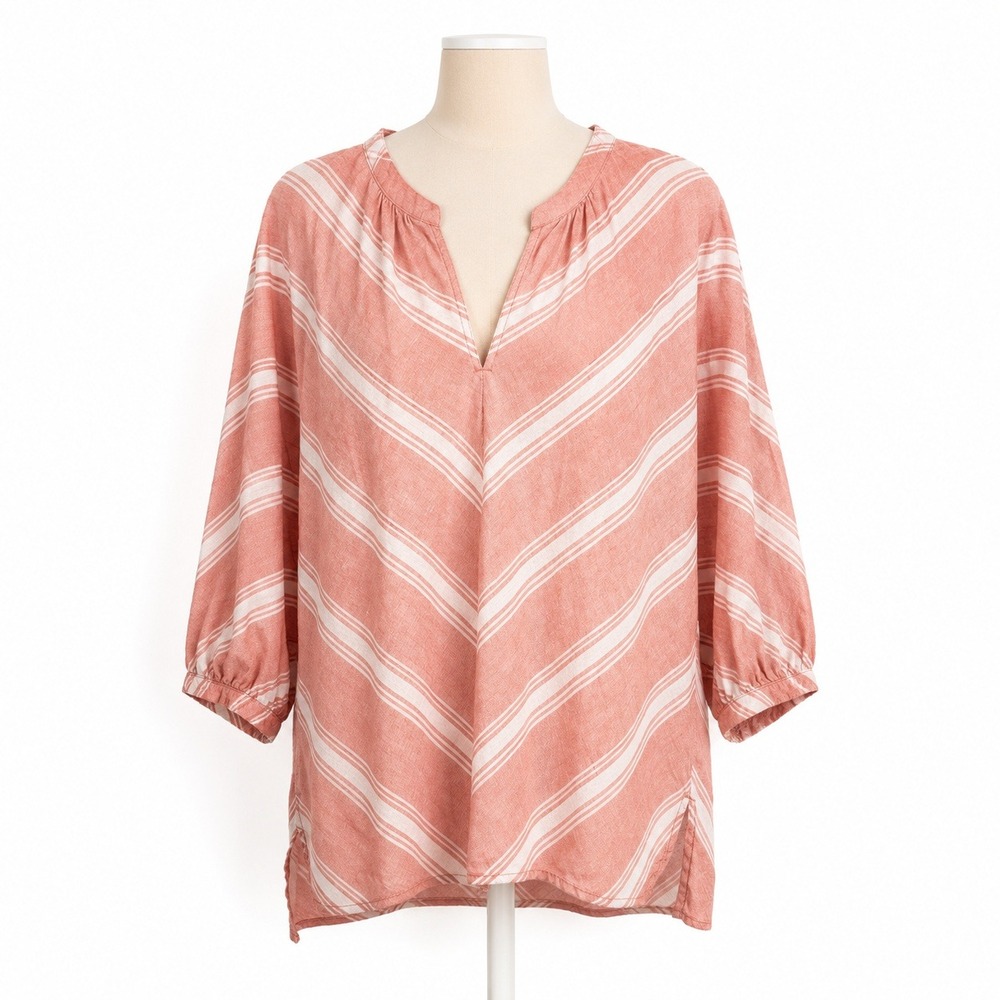 Linen Puff Sleeve Chevron V Neck Tunic Top Size L Red Coastal Resort‎ Beach Boho